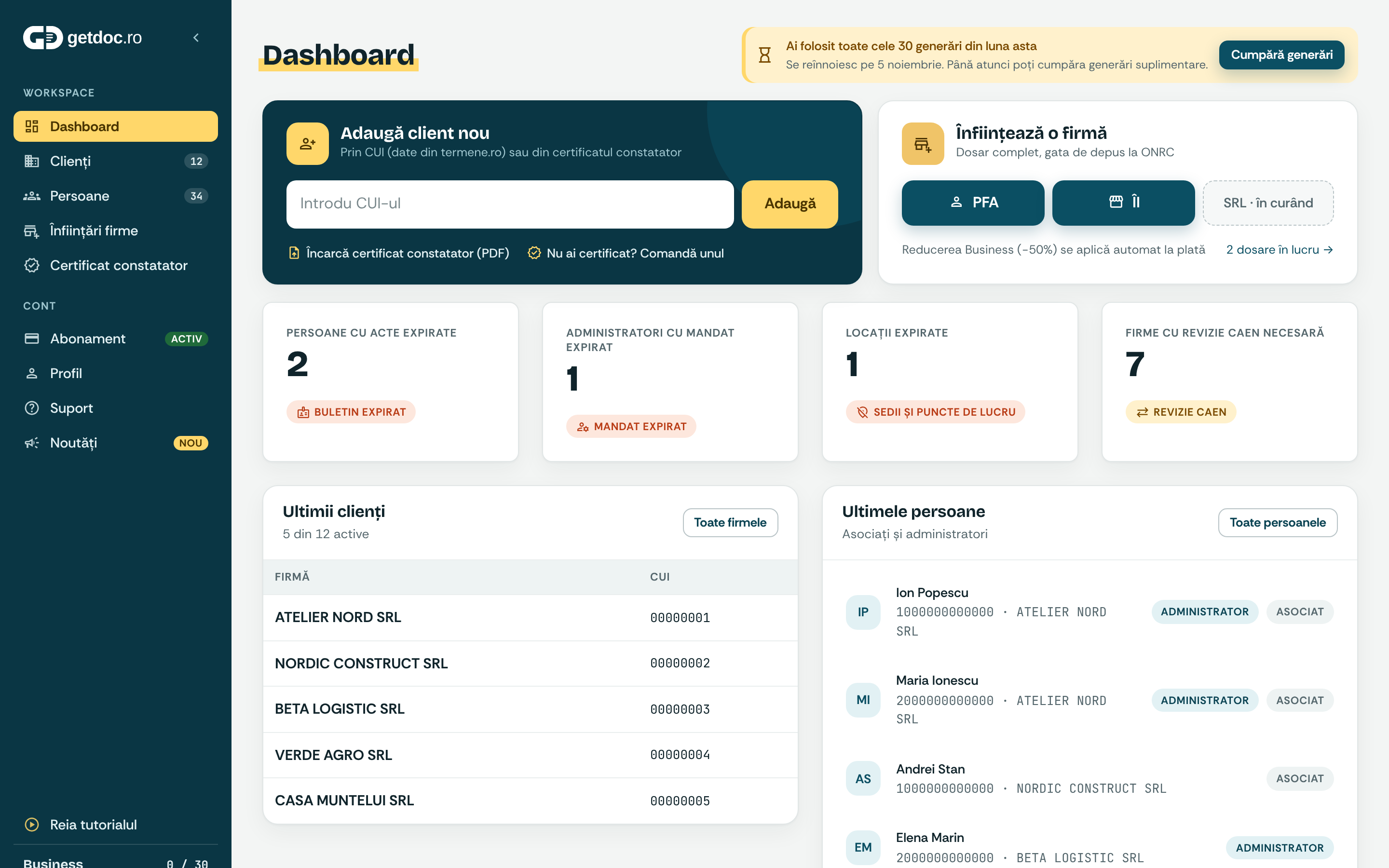 GetDoc dashboard: add a client by tax ID, start a new company, and see which clients have expired documents or mandates.