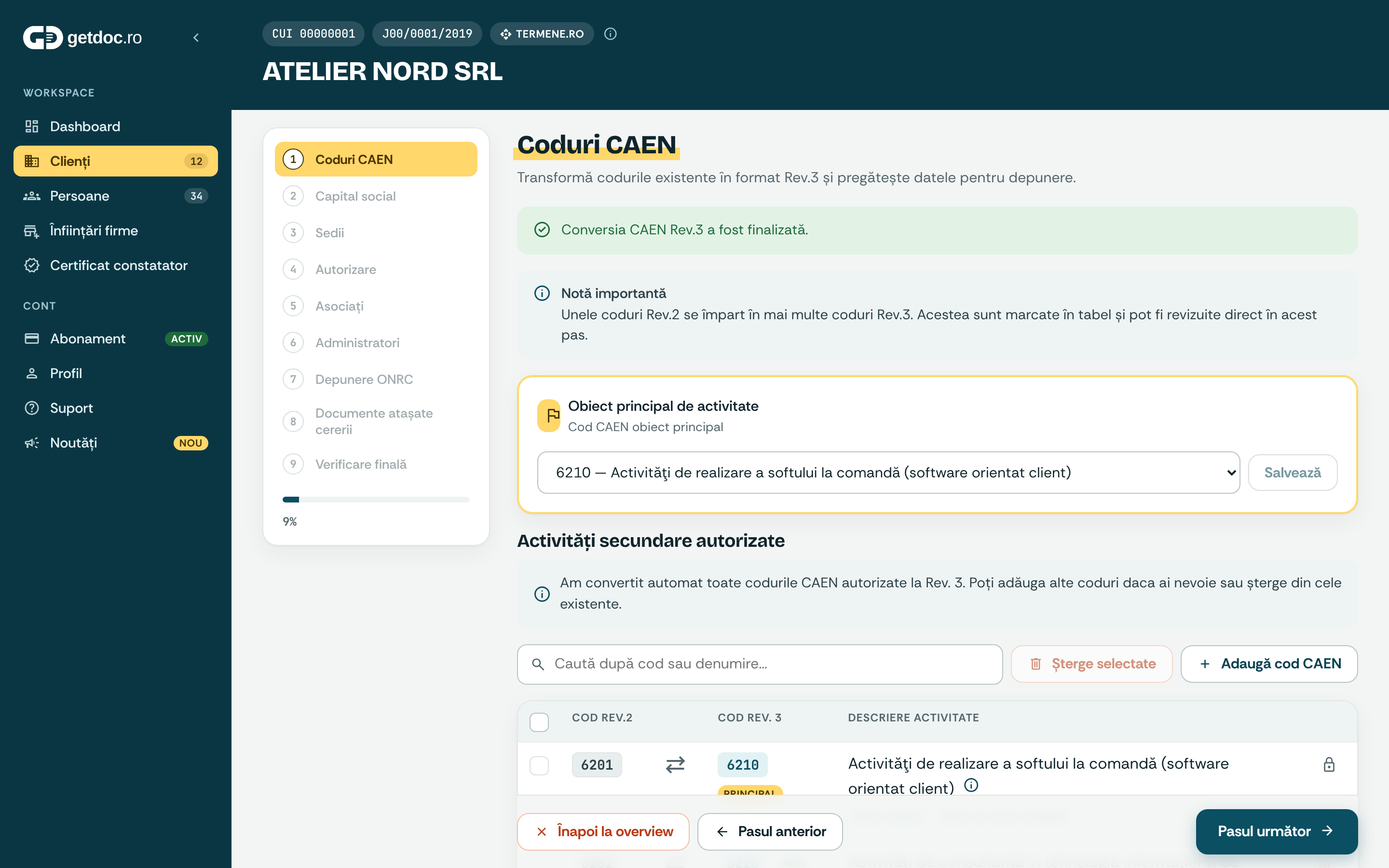 Activity codes converted automatically to the new classification, old and new code side by side, tagged by location.