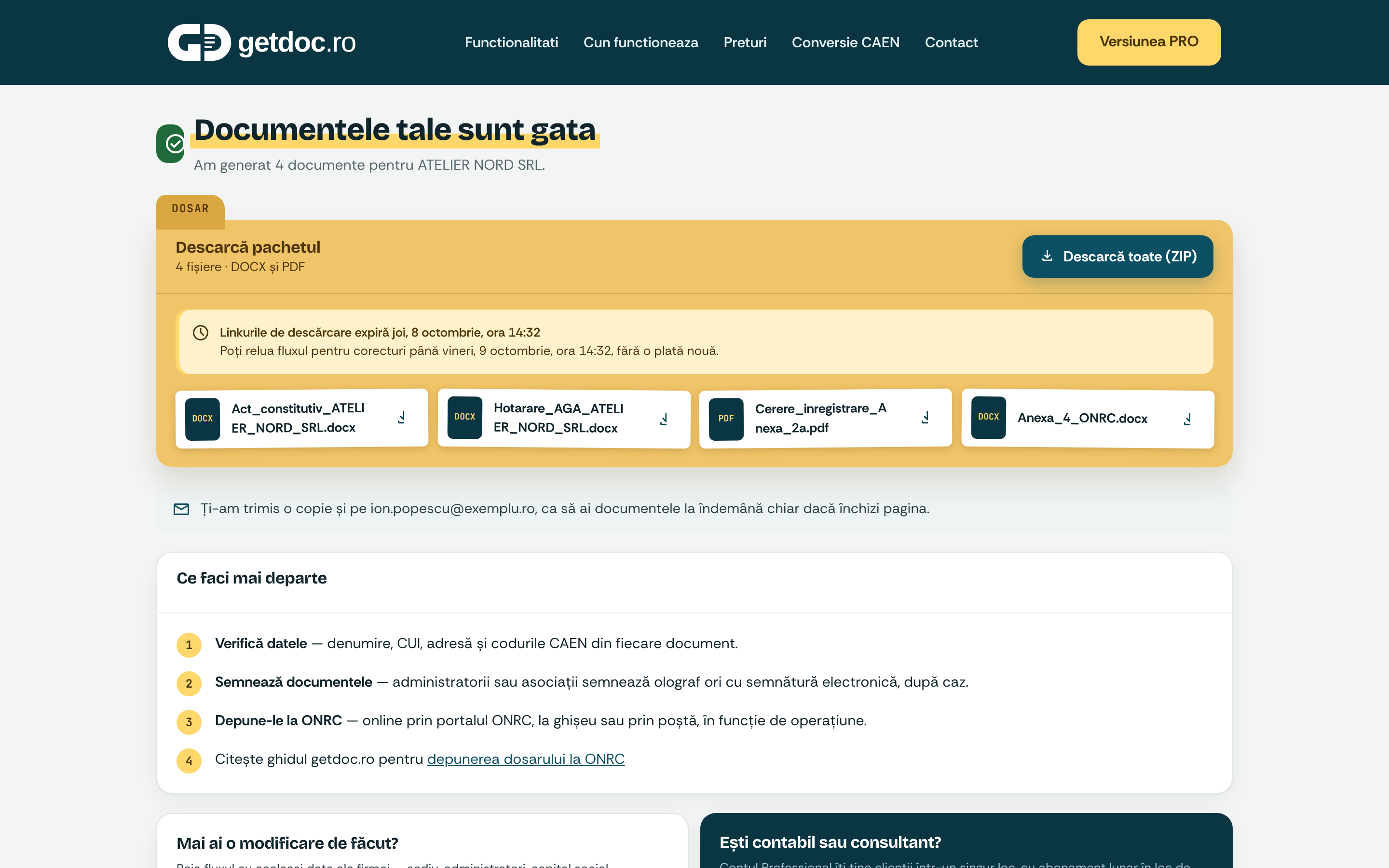Documents ready: four files to download as one package, with the expiry of the links and what to do next.