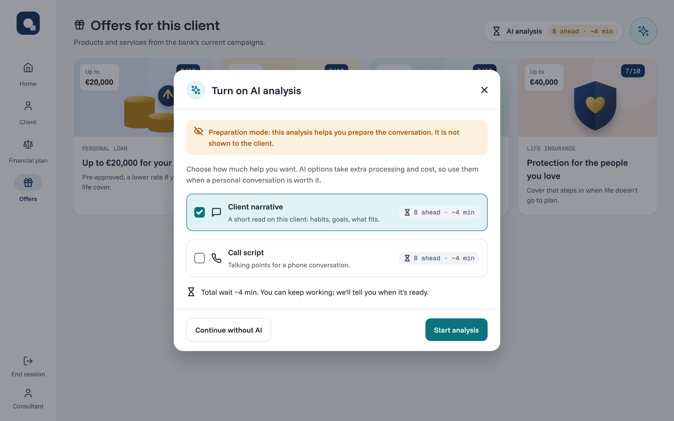 Dialog to turn on the AI analysis: a preparation-mode warning, two kinds of help with their queue and wait time, the total wait, and buttons to continue without AI or start the analysis.