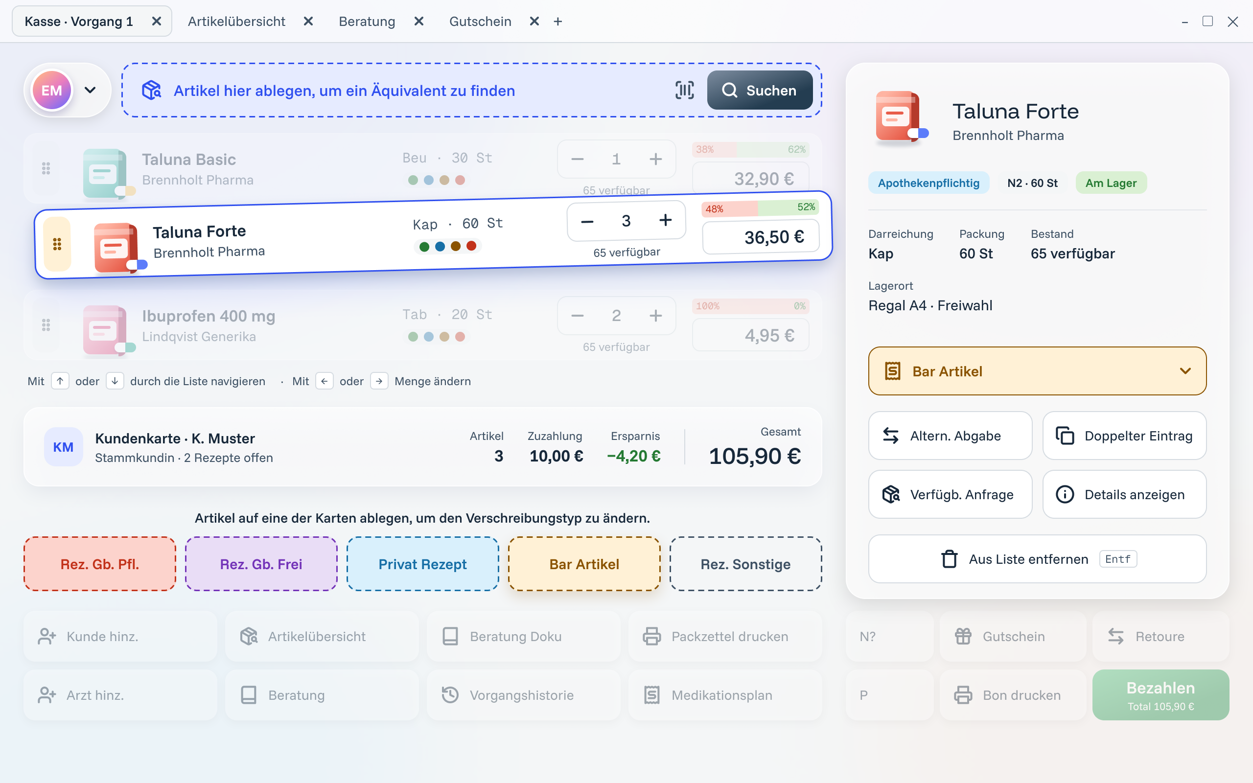 Redesigned counter: an article being dragged in the basket, a drop zone to find an equivalent at the top, prescription-type cards at the bottom and the article details on the right.