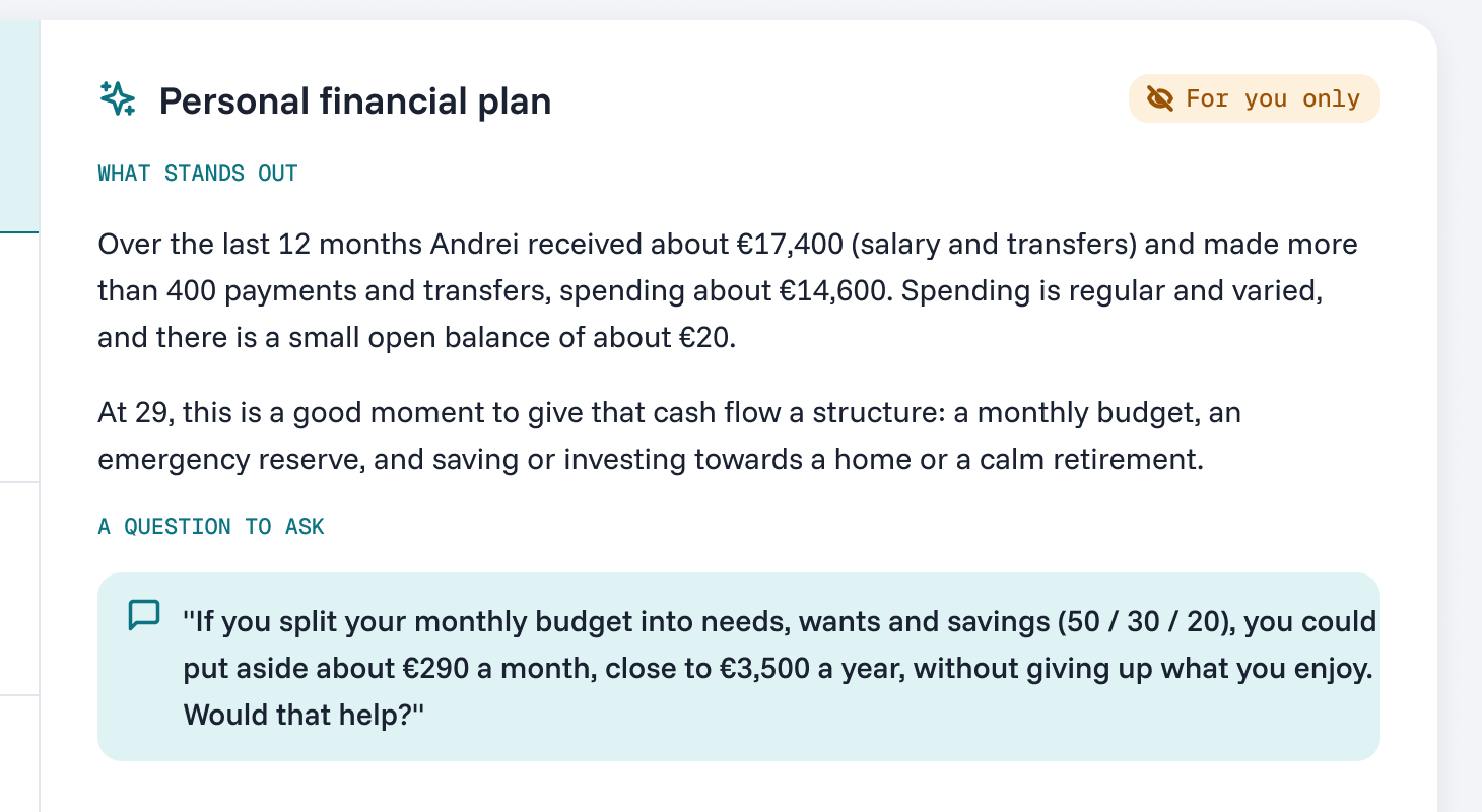 The AI panel, titled Personal financial plan, with a For you only tag in its corner.