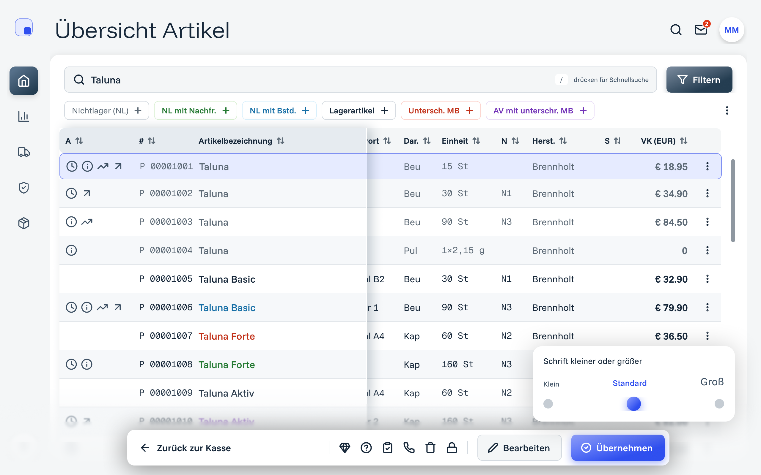 The article list with a text size control open: a slider from small to large, set to default.