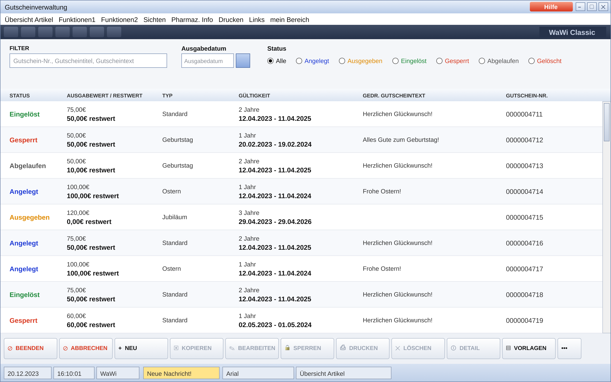 Legacy voucher list: a filter bar with radio buttons, a dense table and a row of action buttons at the bottom.