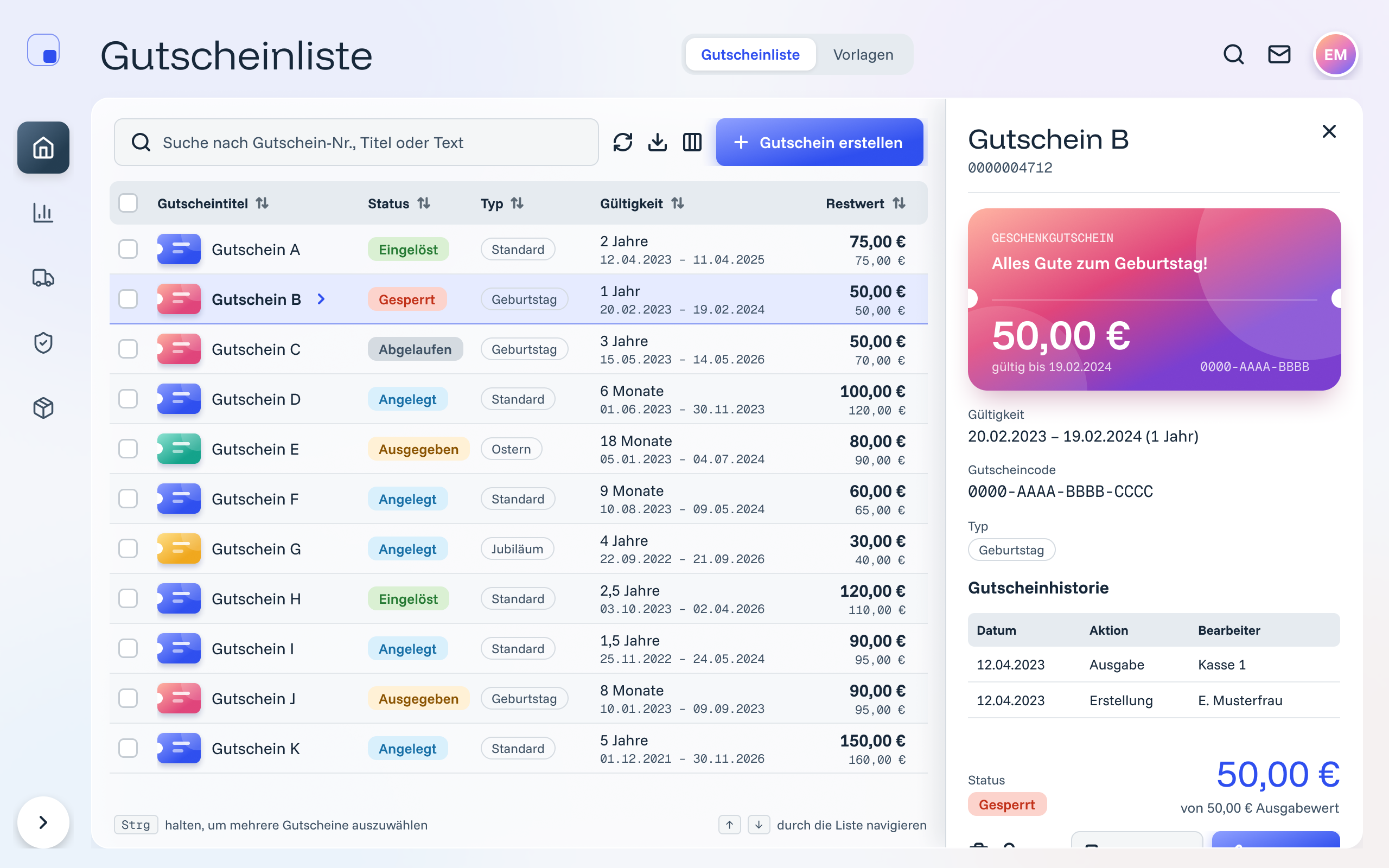 Redesigned voucher list with status chips, and a detail panel beside it showing the voucher card, validity and history.