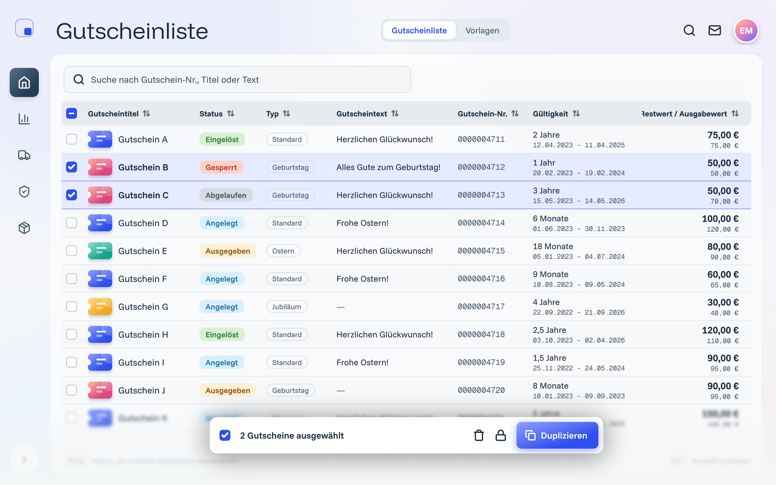 Two vouchers selected, and a floating bar with the bulk actions.